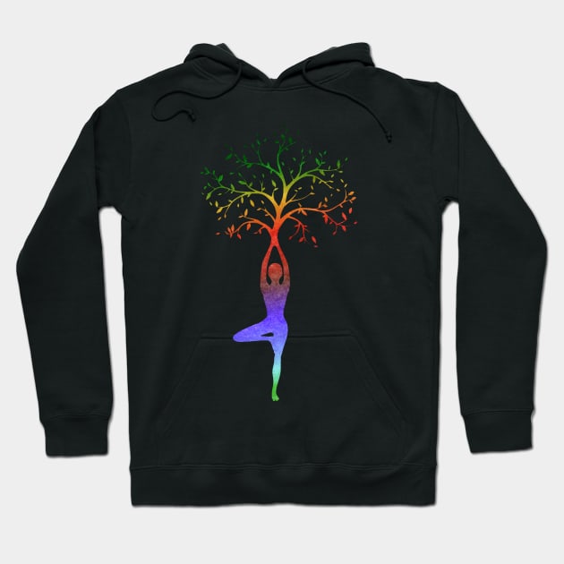 Multi-Color Yoga Tree Pose Balancing Asana Hoodie by Bluepress